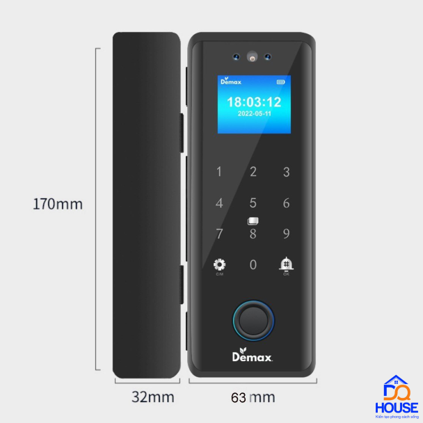Khóa cửa kính mở lùa vân tay Demax SL900G Black App Wifi, face ID 